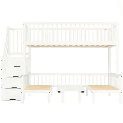 Lit superposé 90x200/120x200 avec table rabattable et escalier de rangement, structure bois/MDF blanc