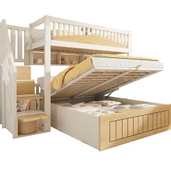 Lit superposé 90x200+140x200 cm - lit inférieur avec rangement - escalier avec rangement - port USB - Blanc/Naturel (sans matelas)