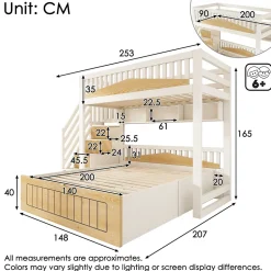Lit superposé 90x200+140x200 cm - lit inférieur avec rangement - escalier avec rangement - port USB - Blanc/Naturel (sans matelas)