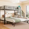 Lit superposé 90x200+180x200 cm - Structure en fer - Lit gigogne - Sacs de rangement - Échelle de sécurité - Noir (sans matelas)