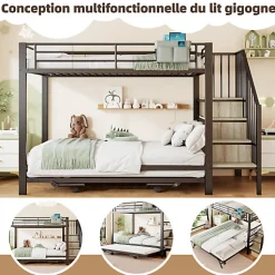 Lit superposé 90x200+180x200 cm - Structure en fer - Lit gigogne - Sacs de rangement - Échelle de sécurité - Noir (sans matelas)
