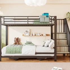 Lit superposé 90x200+180x200 cm - Structure en fer - Lit gigogne - Sacs de rangement - Échelle de sécurité - Noir (sans matelas)