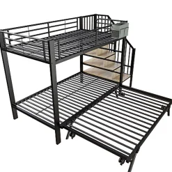 Lit superposé 90x200+180x200 cm - Structure en fer - Lit gigogne - Sacs de rangement - Échelle de sécurité - Noir (sans matelas)
