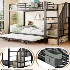 Lit superposé 90x200+180x200 cm - Structure en fer - Lit gigogne - Sacs de rangement - Échelle de sécurité - Noir (sans matelas)
