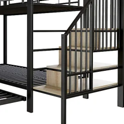 Lit superposé 90x200+180x200 cm - Structure en fer - Lit gigogne - Sacs de rangement - Échelle de sécurité - Noir (sans matelas)