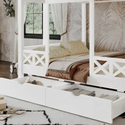 Lit superposé 90x200/140x200 cm avec deux tiroirs à roulettes et armoire d'escalier en bois blanc