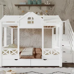 Lit superposé 90x200/140x200 cm avec deux tiroirs à roulettes et armoire d'escalier en bois blanc