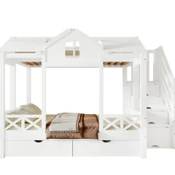 Lit superposé 90x200/140x200 cm avec deux tiroirs à roulettes et armoire d'escalier en bois blanc