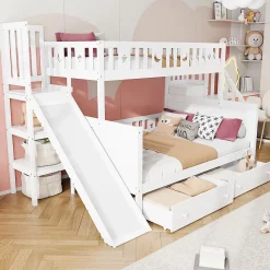 Lit superposé 90x200/140x200 cm avec toboggan sécurisé, échelle de rangement et 2 tiroirs en bois blanc
