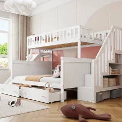 Lit superposé 90x200/140x200 cm avec toboggan sécurisé, échelle de rangement et 2 tiroirs en bois blanc