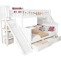Lit superposé 90x200/140x200 cm avec toboggan sécurisé, échelle de rangement et 2 tiroirs en bois blanc