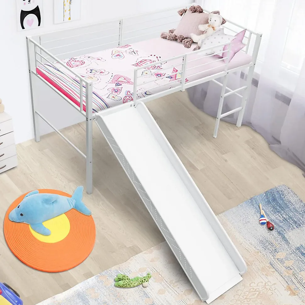 Lit Superpose avec Echelle et Toboggan Amovible Cadre de Lit pour Enfant avec Cloture de Securite