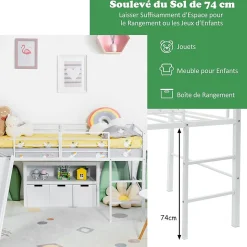 Lit Superpose avec Echelle et Toboggan Amovible Cadre de Lit pour Enfant avec Cloture de Securite