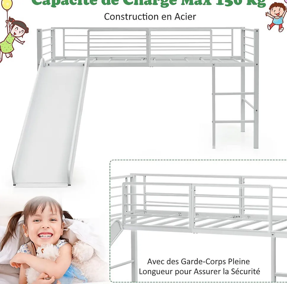Lit Superpose avec Echelle et Toboggan Amovible Cadre de Lit pour Enfant avec Cloture de Securite