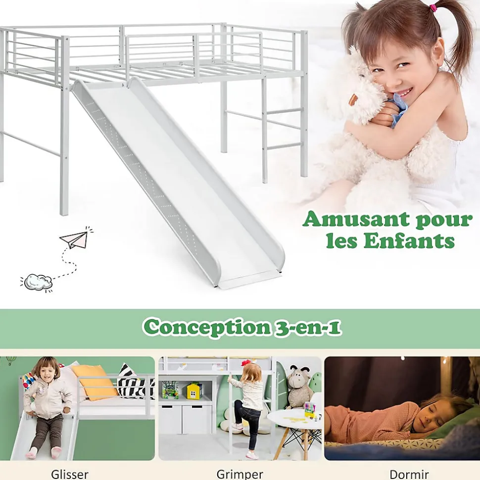 Lit Superpose avec Echelle et Toboggan Amovible Cadre de Lit pour Enfant avec Cloture de Securite