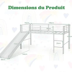 Lit Superpose avec Echelle et Toboggan Amovible Cadre de Lit pour Enfant avec Cloture de Securite