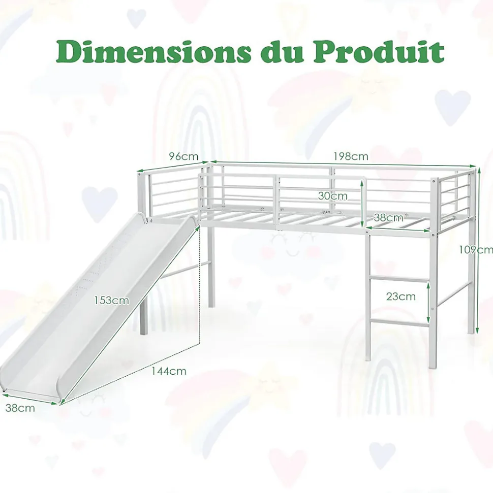 Lit Superpose avec Echelle et Toboggan Amovible Cadre de Lit pour Enfant avec Cloture de Securite