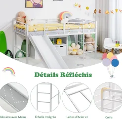 Lit Superpose avec Echelle et Toboggan Amovible Cadre de Lit pour Enfant avec Cloture de Securite