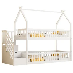 Lit superpose enfant 90 par 200 cm bois massif avec toit echelle de securite tiroirs lit simple blanc rangement enfants