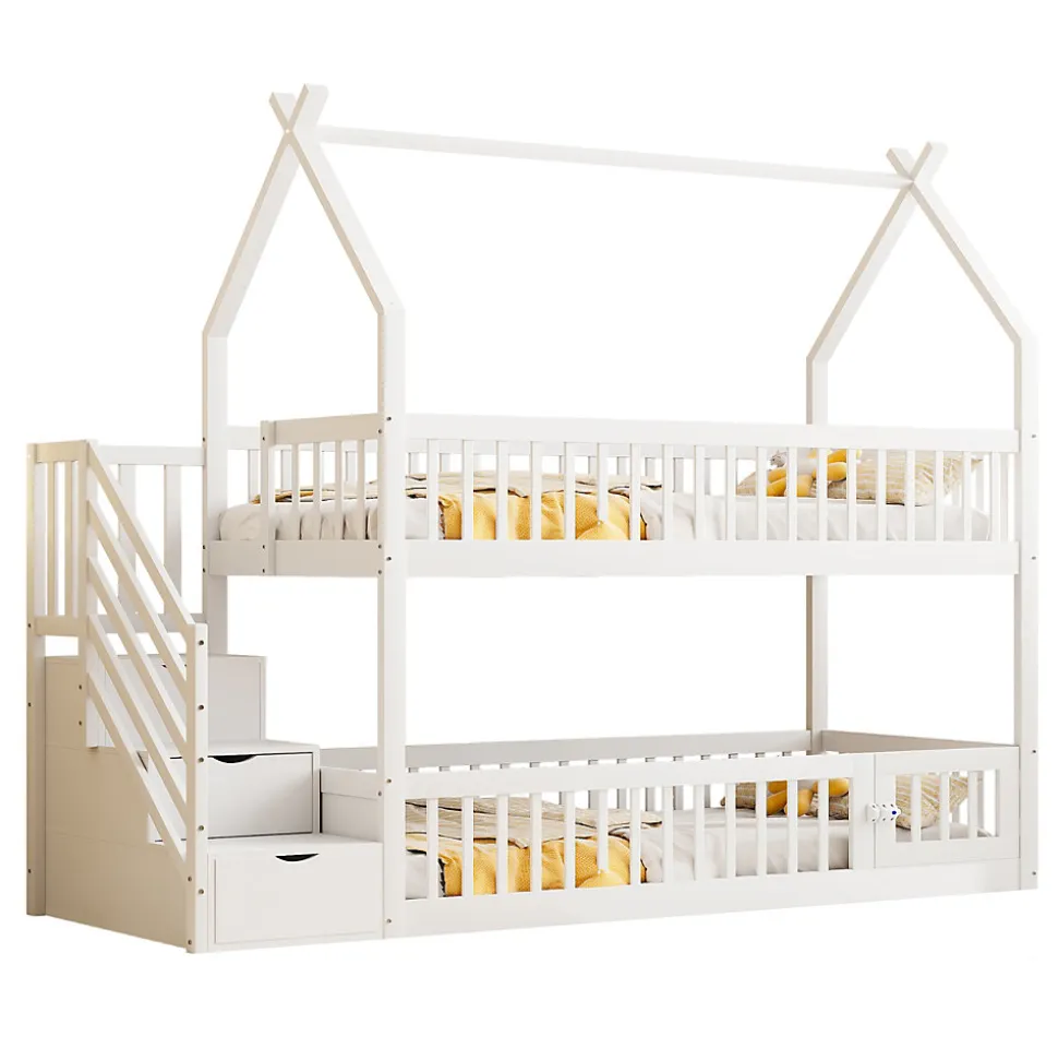 Lit superpose enfant 90 par 200 cm bois massif avec toit echelle de securite tiroirs lit simple blanc rangement enfants