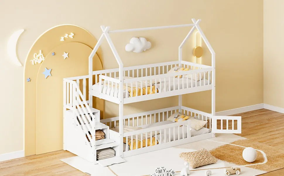 Lit superpose enfant 90 par 200 cm bois massif avec toit echelle de securite tiroirs lit simple blanc rangement enfants