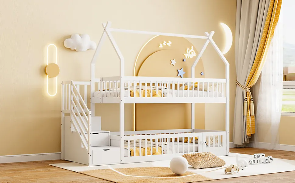 Lit superpose enfant 90 par 200 cm bois massif avec toit echelle de securite tiroirs lit simple blanc rangement enfants