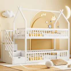 Lit superpose enfant 90 par 200 cm bois massif avec toit echelle de securite tiroirs lit simple blanc rangement enfants