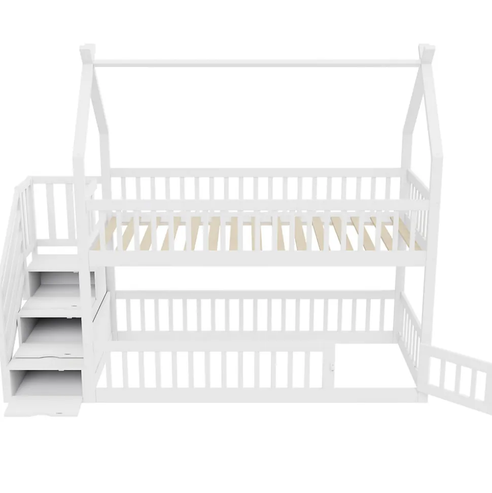 Lit superpose enfant 90 par 200 cm bois massif avec toit echelle de securite tiroirs lit simple blanc rangement enfants