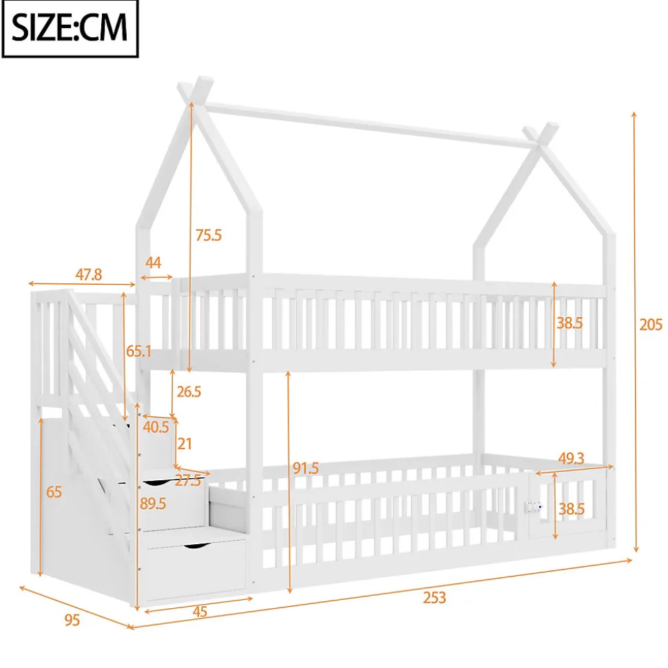 Lit superpose enfant 90 par 200 cm bois massif avec toit echelle de securite tiroirs lit simple blanc rangement enfants