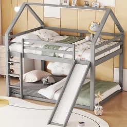 Lit superpose enfant 140x200 cm gris avec toboggan echelle et design cabane pour chambre enfant