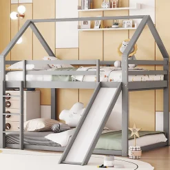 Lit superpose enfant 140x200 cm gris avec toboggan echelle et design cabane pour chambre enfant