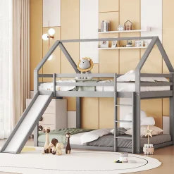 Lit superpose enfant 140x200 cm gris avec toboggan echelle et design cabane pour chambre enfant