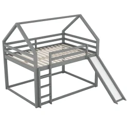 Lit superpose enfant 140x200 cm gris avec toboggan echelle et design cabane pour chambre enfant