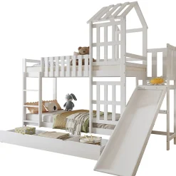 Lit superpose enfant 90x200 grand tiroir roulettes toboggan toit fenetres decoratifs pin MDF contreplaque blanc