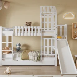 Lit superpose enfant 90x200 grand tiroir roulettes toboggan toit fenetres decoratifs pin MDF contreplaque blanc