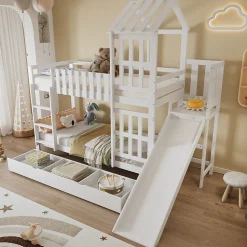 Lit superpose enfant 90x200 grand tiroir roulettes toboggan toit fenetres decoratifs pin MDF contreplaque blanc