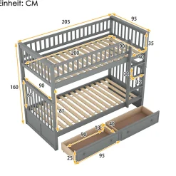 Lit superpose 90x200 cm gris avec tiroirs et lits convertibles pour chambre enfant