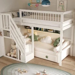 Lit surélevé 90x200 cm bois massif blanc, escalier + armoire intégrée, lit simple pour enfants et ados