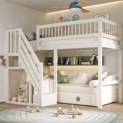 Lit surélevé 90x200 cm bois massif blanc, escalier + armoire intégrée, lit simple pour enfants et ados