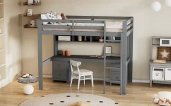 Lit surélevé 90x200cm, avec bureau et grand rangement, Gris