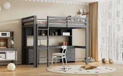 Lit surélevé 90x200cm, avec bureau et grand rangement, Gris