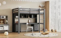 Lit surélevé 90x200cm, avec bureau et grand rangement, Gris