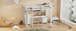 Lit surélevé 90x200cm, avec bureau et grand rangement, Blanc