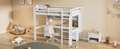 Lit surélevé 90x200cm, avec bureau et grand rangement, Blanc