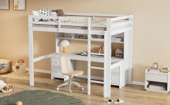 Lit surélevé 90x200cm, avec bureau et grand rangement, Blanc