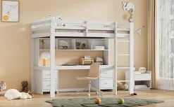 Lit surélevé 90x200cm, avec bureau et grand rangement, Blanc