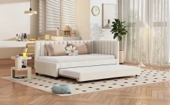 Lit tapissé 90 par 200 cm canapé-lit extensible lit multifonction avec sommier lits invités tissu velours beige