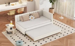Lit tapissé 90 par 200 cm canapé-lit extensible lit multifonction avec sommier lits invités tissu velours beige