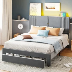 Lit tapissé 140 par 200 cm lit double LED USB dossier tiroir velours gris adultes et adolescents