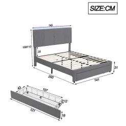 Lit tapissé 140 par 200 cm lit double LED USB dossier tiroir velours gris adultes et adolescents